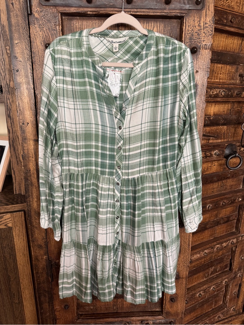 Green and White Plaid Button-Up Dress